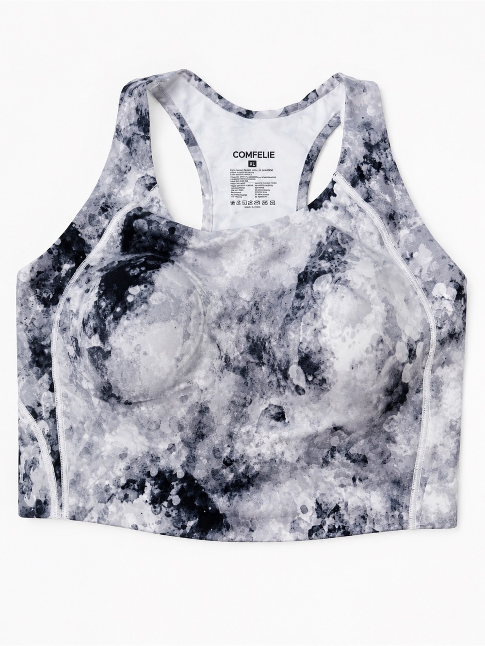 NWT COMFELIE Marble Print High Support Sports Bra XL Gray Black Padded Racerback